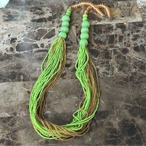Glass Bead/Seed Bead Necklace Lime Green Gold 32 Inches